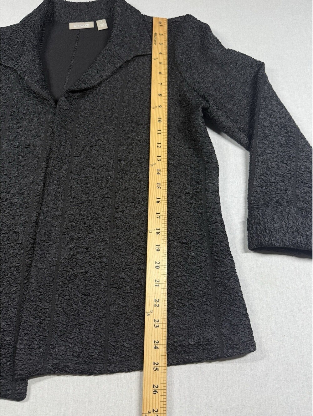 Chico's Ribbon Crepe Textured Open Front Blazer Jacket Sz 2/L Black Minimalist - Picture 7 of 12